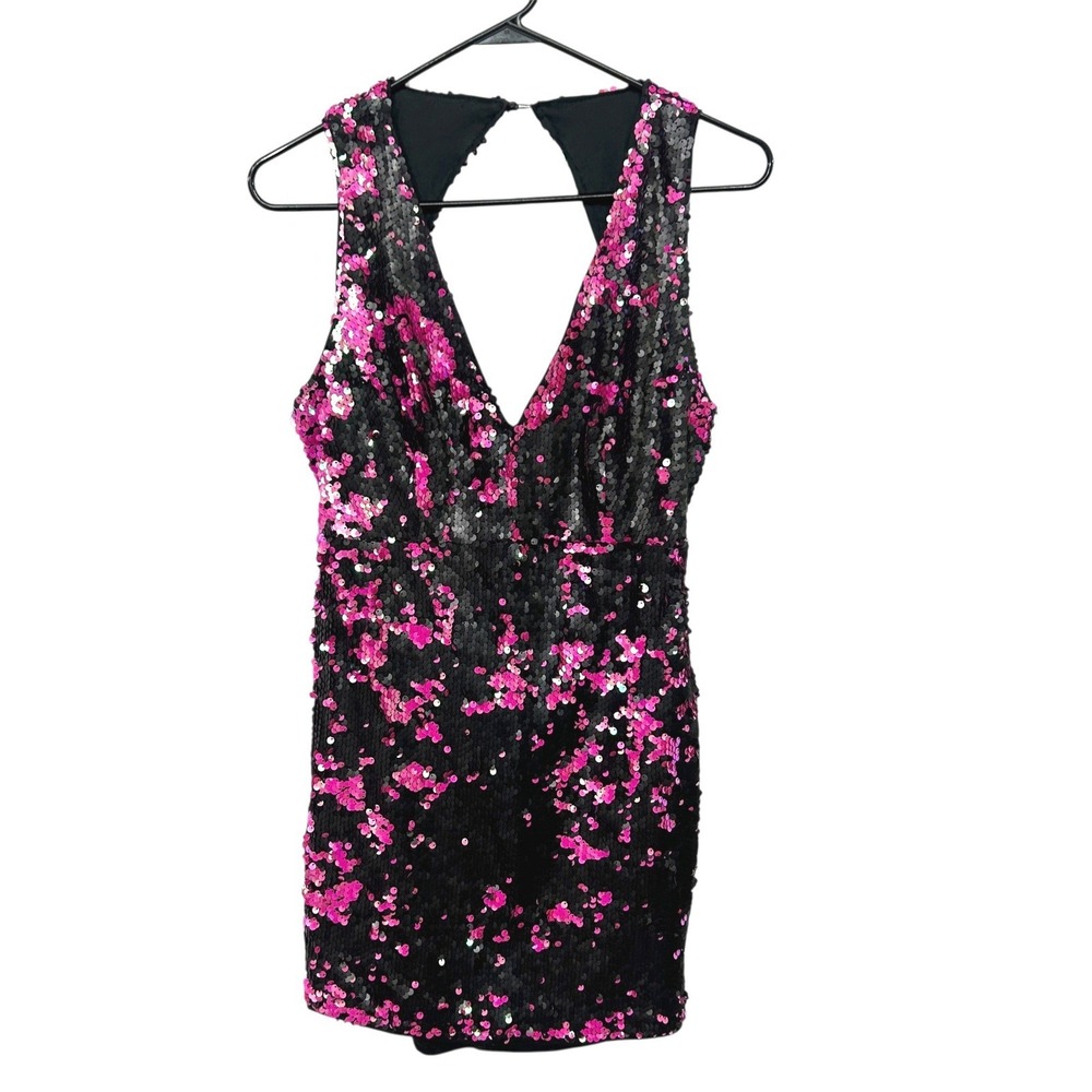 Y2K Glam Sequin Mini Dress L Black Pink Deep V Open Back Sparkly Party Clubwear‎